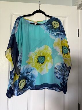 Blue Floral Sheer Tunic Top chiffon